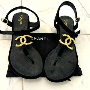 Chanel Suede Thong Sandals w/gold and pearl CC